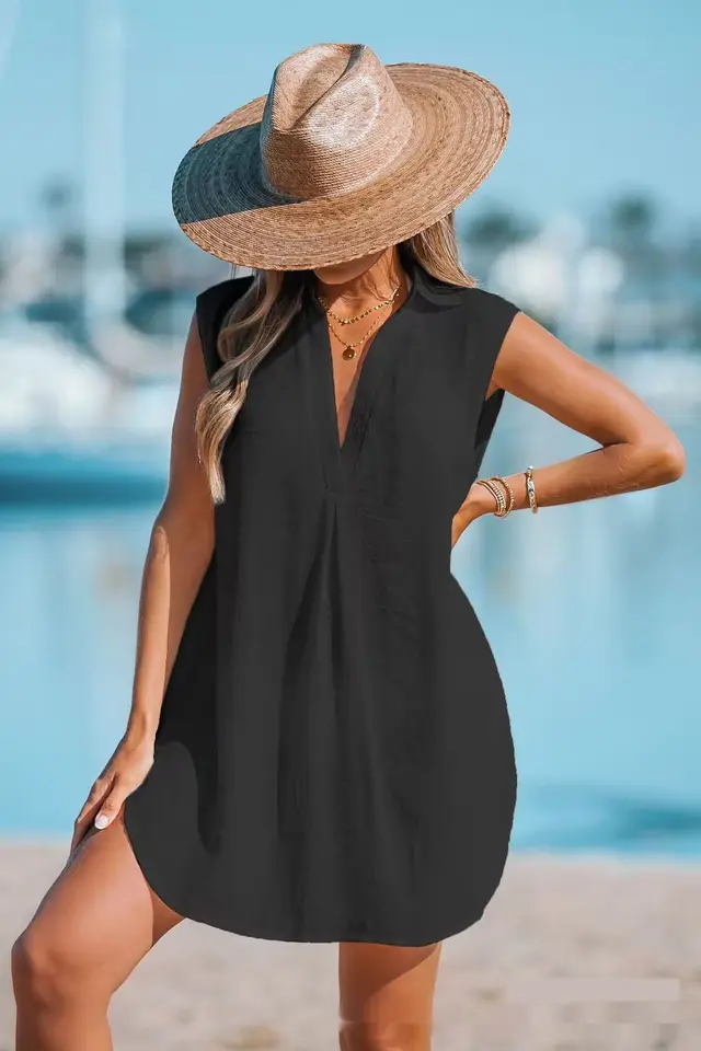European And American Shirt Deep V Neckline Solid Color Beach Sun Protection Dress Black - Shop at LoveMi