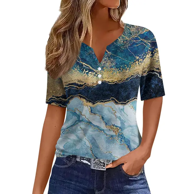 V neck Three button Printed Short sleeved European And American Top Jy4411101 - Shop at LoveMi