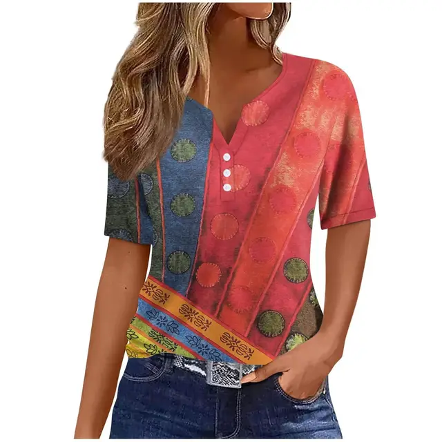V neck Three button Printed Short sleeved European And American Top Jy4415102 - Shop at LoveMi