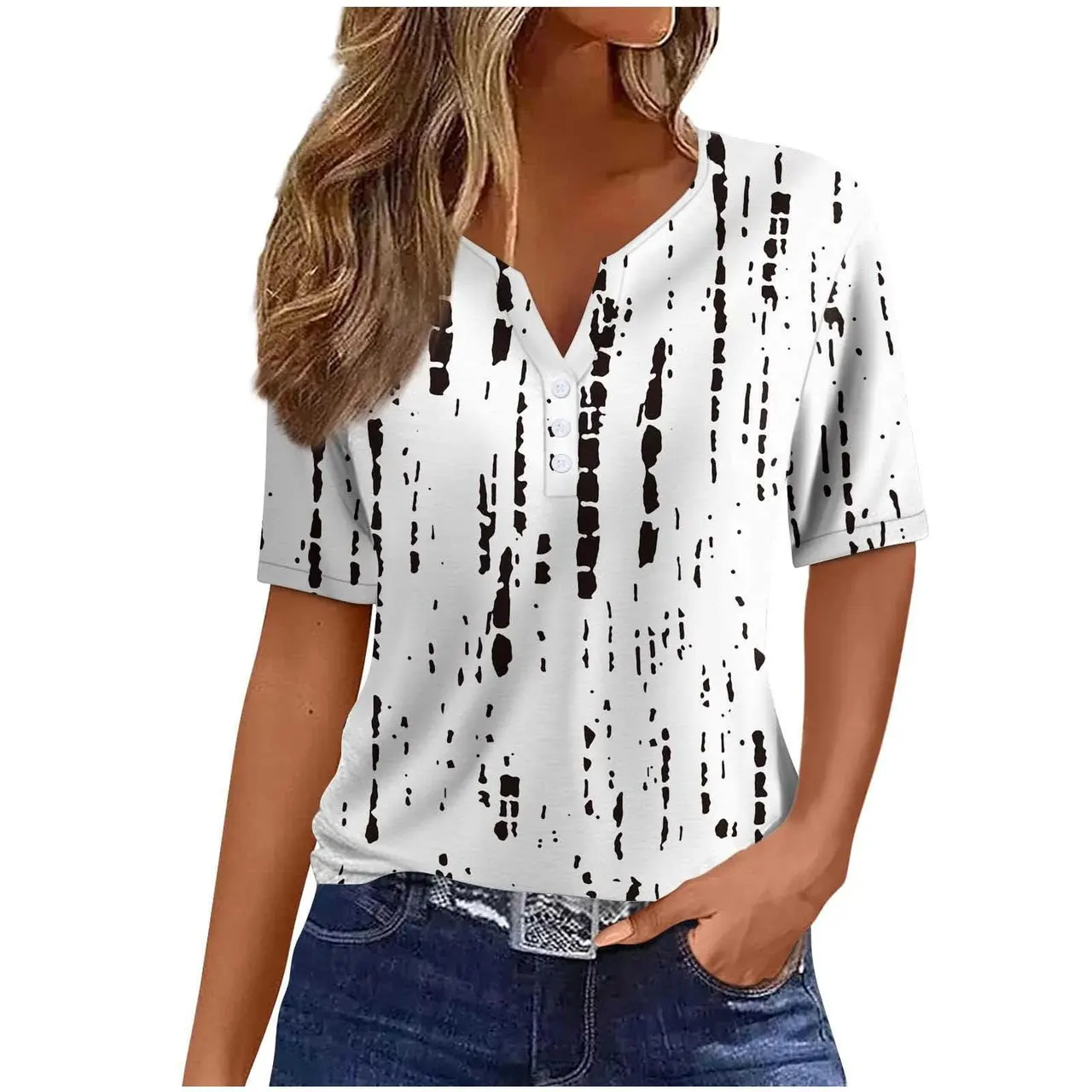 V-neck Three-button Printed Short-sleeved European And American Top - Zclss438101