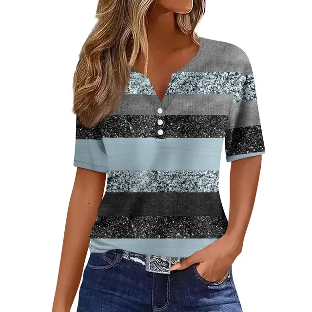 V neck Three button Printed Short sleeved European And American Top Zclss438109 - Shop at LoveMi