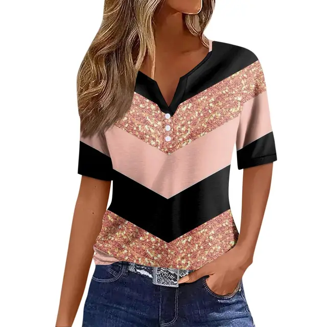 V neck Three button Printed Short sleeved European And American Top Zclss438119 - Shop at LoveMi