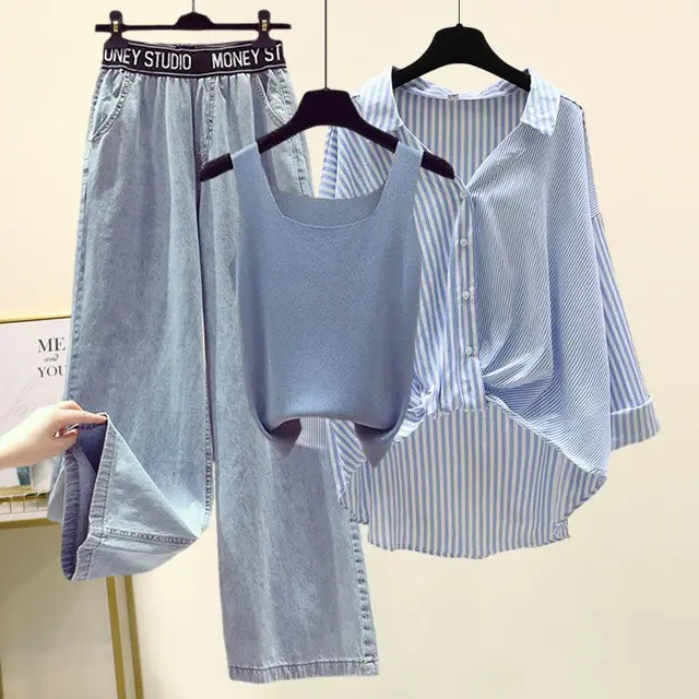Striped Shirt Small Sling Wide Leg Jeans Three piece Set Blue Camisole Set A - Shop at LoveMi
