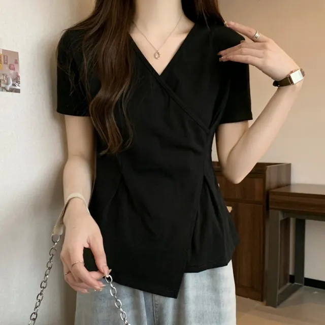 Irregular Bottoming Shirt Shoulder V neck All matching Short Sleeve Black - Shop at LoveMi