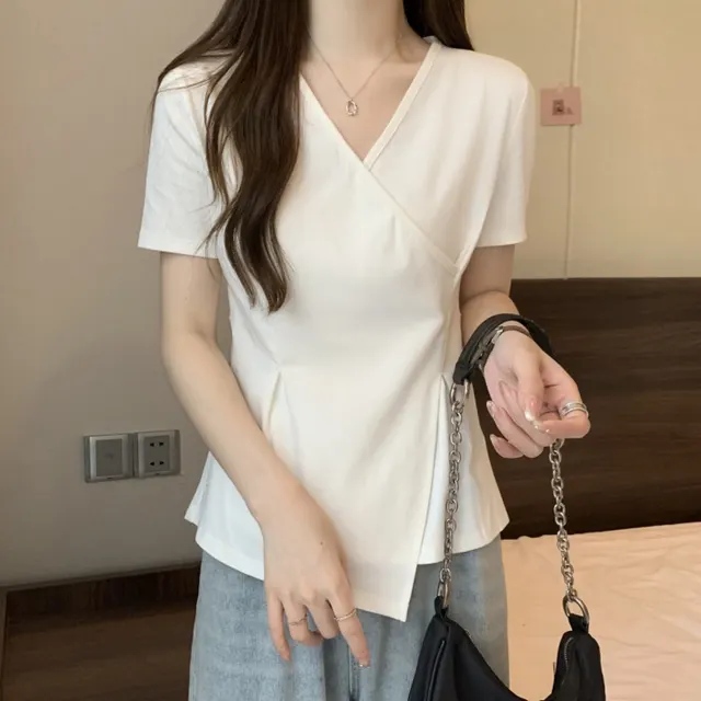 Irregular Bottoming Shirt Shoulder V neck All matching Short Sleeve White - Shop at LoveMi