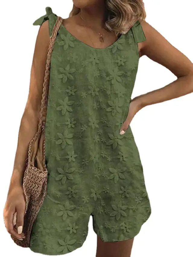 Loose Casual Pure Cotton Embroidery Flower Lace up Vest Jumpsuit Army Green - Shop at LoveMi