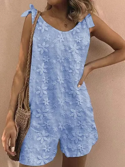 Loose Casual Pure Cotton Embroidery Flower Lace up Vest Jumpsuit Blue - Shop at LoveMi