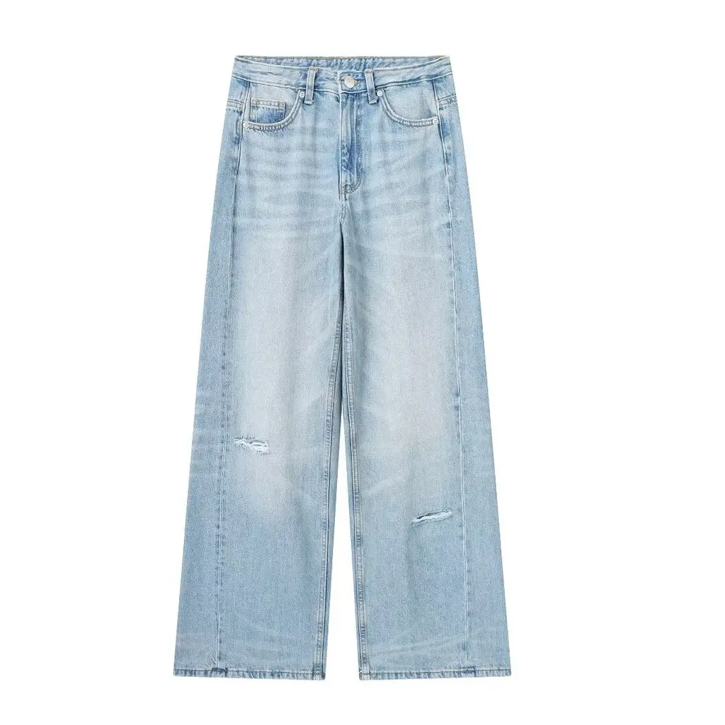 Women's Fashionable Casual Wide-leg Long Jeans - Light Blue