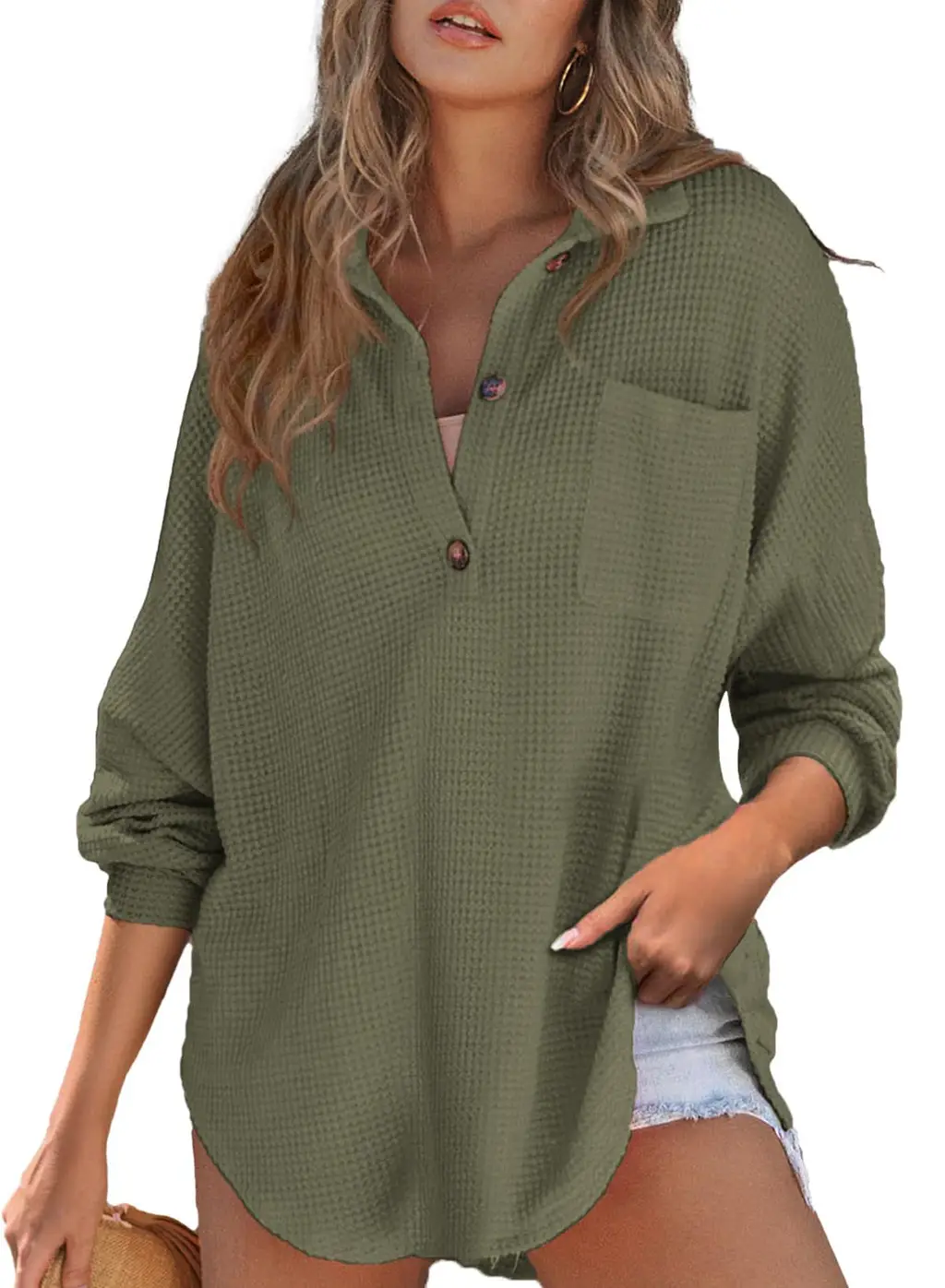 Women's Waffle Knit Loose Long Sleeve Top - Army Green