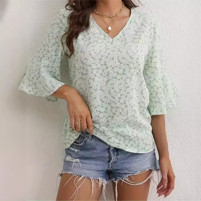 V neck Chiffon Bell Sleeve Loose Short sleeved Shirt Green - Shop at LoveMi