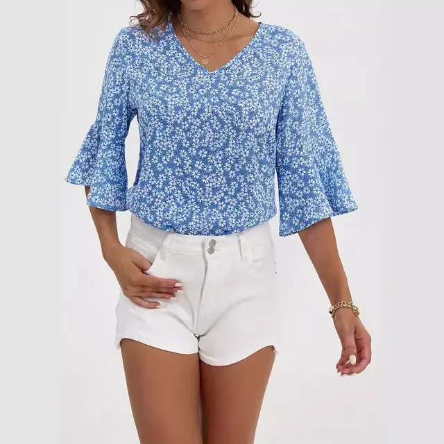 V neck Chiffon Bell Sleeve Loose Short sleeved Shirt Sapphire Blue - Shop at LoveMi