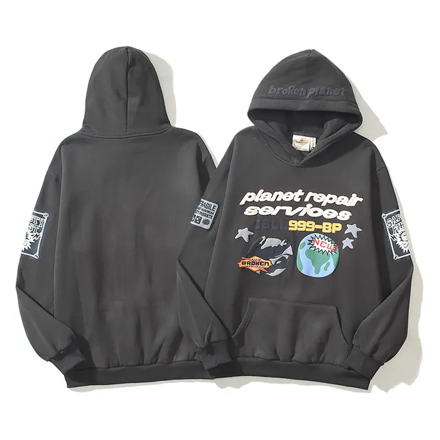 Maychao High Street Broken Planet Puff Print High Street Men's And Women's Loose Casual Hooded Sweater 2634 Dark Gray - Shop at LoveMi