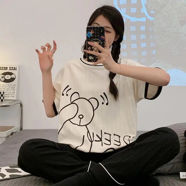 Summer Pajamas Women's Short sleeved Trousers Round Neck Cotton Homewear Cartoon Suit Yne1008 Style - Shop at LoveMi