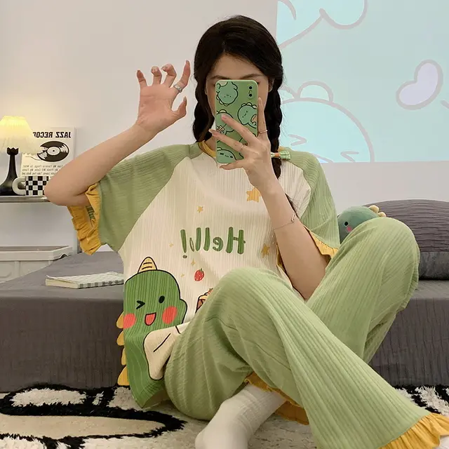 Summer Pajamas Women's Short sleeved Trousers Round Neck Cotton Homewear Cartoon Suit Yne1012 Style - Shop at LoveMi