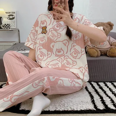 Summer Pajamas Women's Short sleeved Trousers Round Neck Cotton Homewear Cartoon Suit Yne1014 Style - Shop at LoveMi