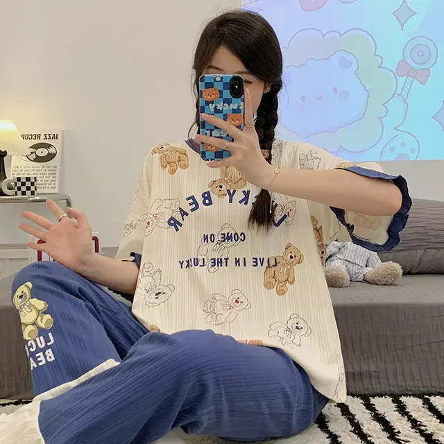 Summer Pajamas Women's Short sleeved Trousers Round Neck Cotton Homewear Cartoon Suit Yne1017 Style - Shop at LoveMi