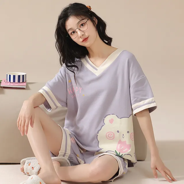 Summer Pajamas Women's Ins Style Cartoon Casual V neck Short Sleeve Two piece Set Z20802 Women'S - Shop at LoveMi