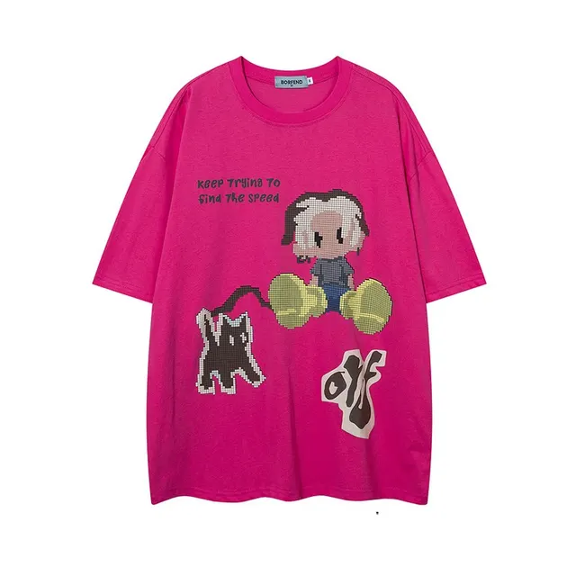 Cute American Cartoon Printed T shirt Rose Red - Shop at LoveMi