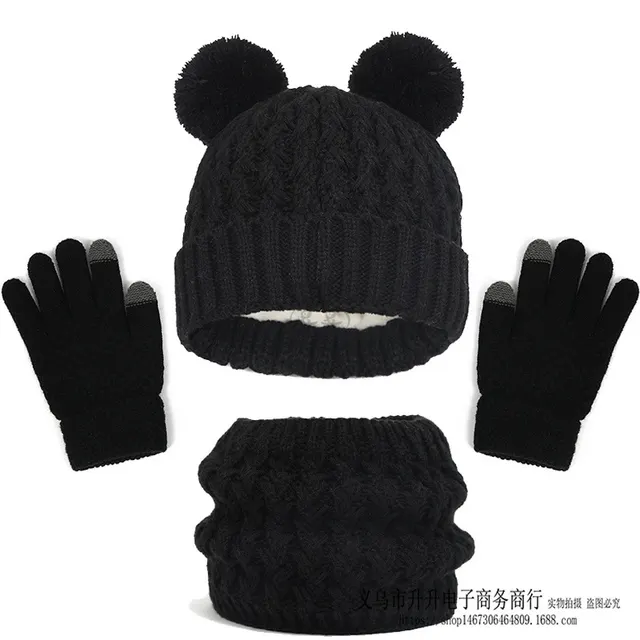 Children's Autumn And Winter Fleece lined Thickened Double Ball Hat Scarf Gloves Three piece Set Black - Shop at LoveMi