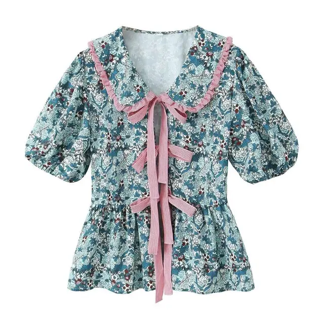 Doll Collar Bow Print Top Printing Color Contrast Trousers Top - Shop at LoveMi