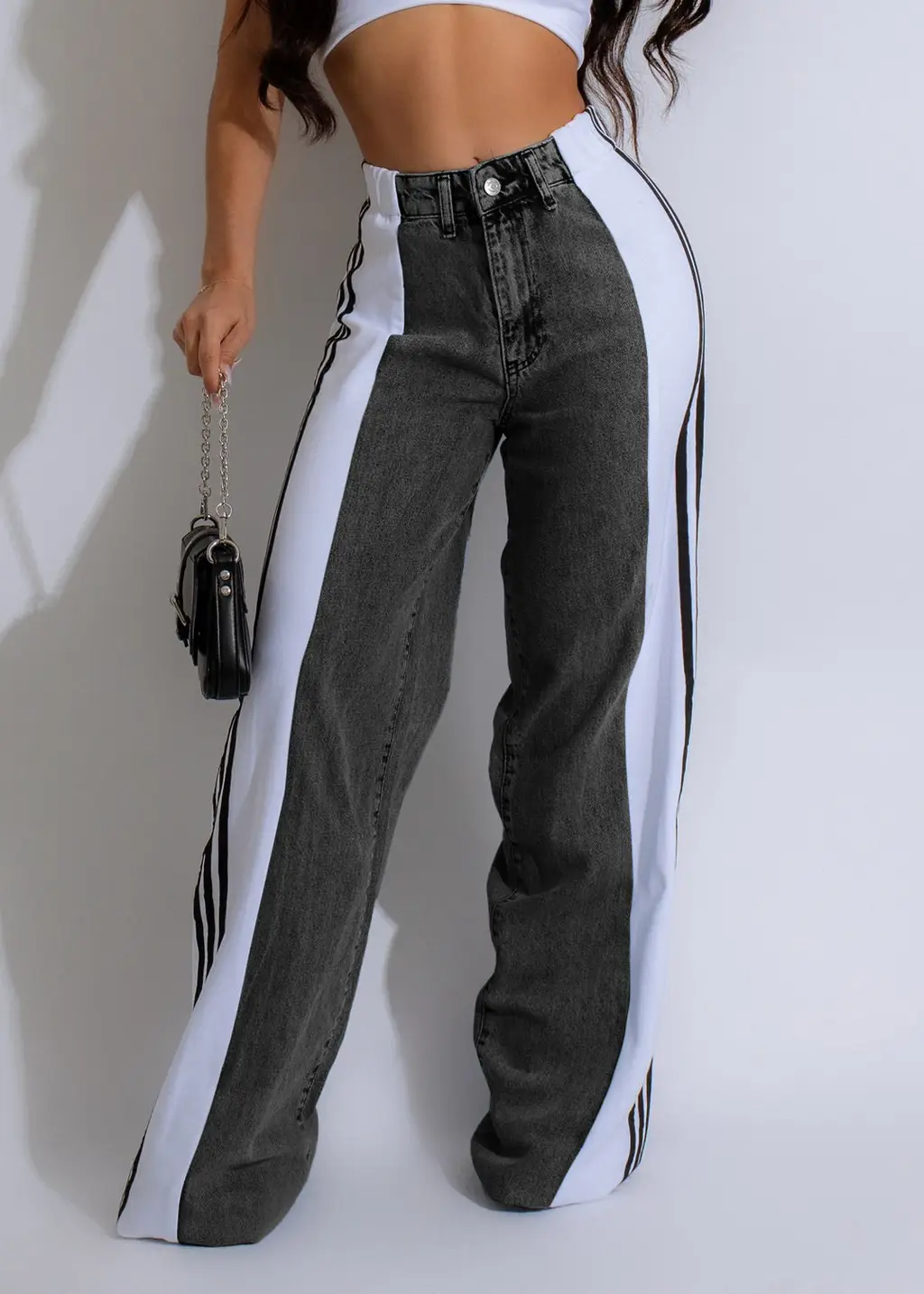 Fashion Casual High Waist Elastic Straight Leg Trousers Three Stripe Patchwork Denim Wide Leg Pants Streetwear - Black And White