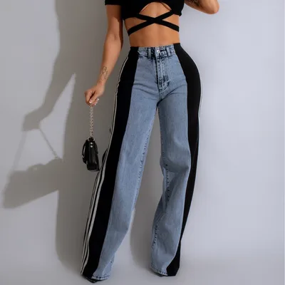 Fashion Casual High Waist Elastic Straight Leg Trousers Three Stripe Patchwork Denim Wide Leg Pants Streetwear Blue And Black - Shop at LoveMi