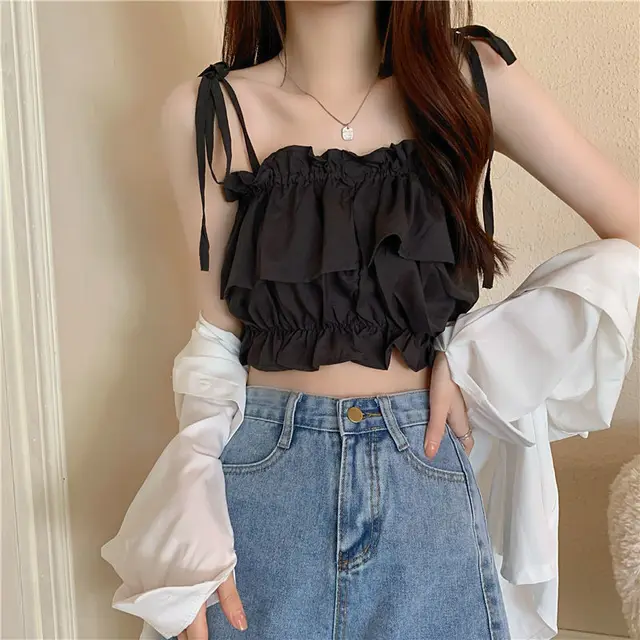 Women's Ruffled Hot Girl Sling Top Black - Shop at LoveMi