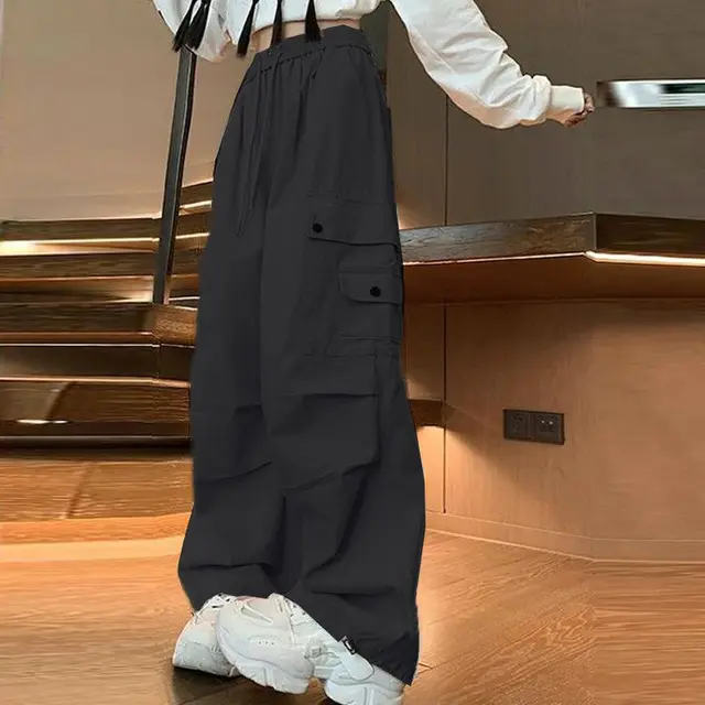 Retro Slimming Straight Casual Wide leg Pants Black Twill Fabric - Shop at LoveMi