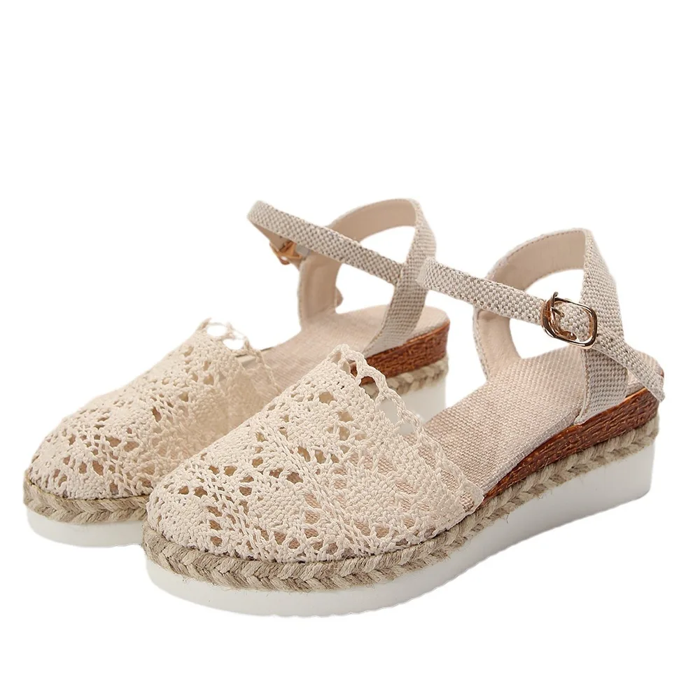 Woven Hollowed Women's Buckle Sandals Beige - Shop at LoveMi