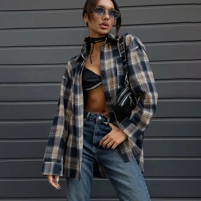 Casual Loose Color contrast Check Shirt Color - Shop at LoveMi