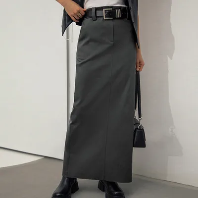 High Waist Straight Slimming Skirt Long Slit Gray - Shop at LoveMi