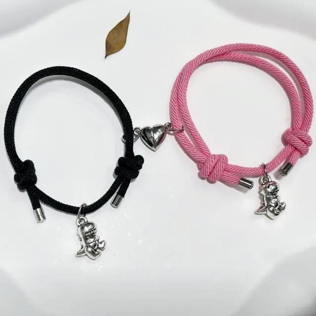 Creative Cute 3D Little Dinosaur Pendant Love Magnetic Snap Suction Couple Bracelet Black Pink - Shop at LoveMi
