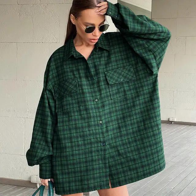 Green Plaid Retro Loose Shirt Green - Shop at LoveMi