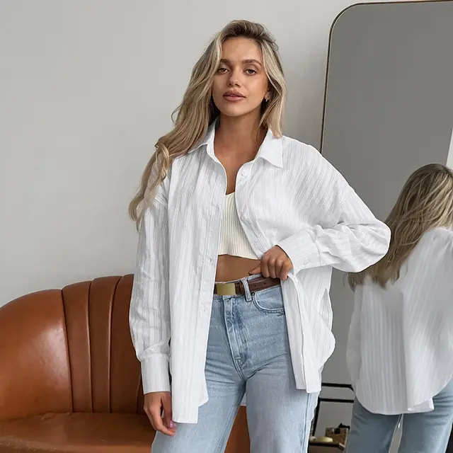 Women's White Cotton Jacquard Lapel Loose Casual Shirt White - Shop at LoveMi