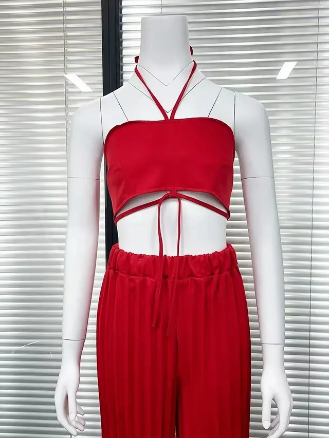 Spring New Solid Color Short Vest High Waist Pleated Long Skirt Suit Red - Shop at LoveMi