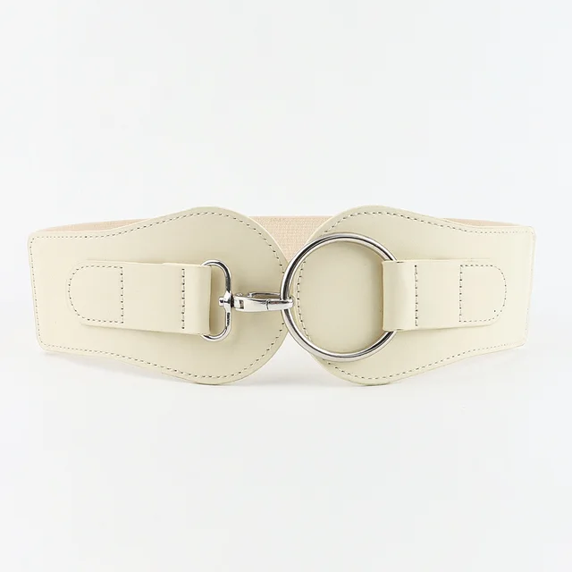 Women's Simple Sweet Cool PU Leather Decoration Wide Belt Beige Silver Buckle - Shop at LoveMi