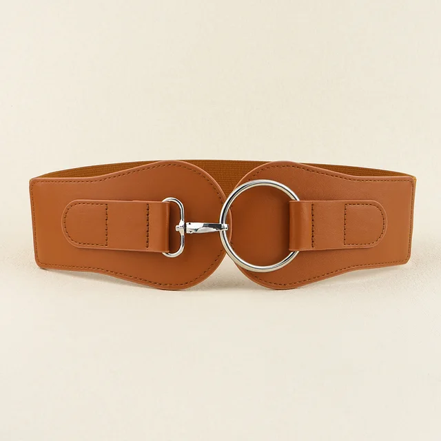 Women's Simple Sweet Cool PU Leather Decoration Wide Belt Camel Silver Buckle - Shop at LoveMi