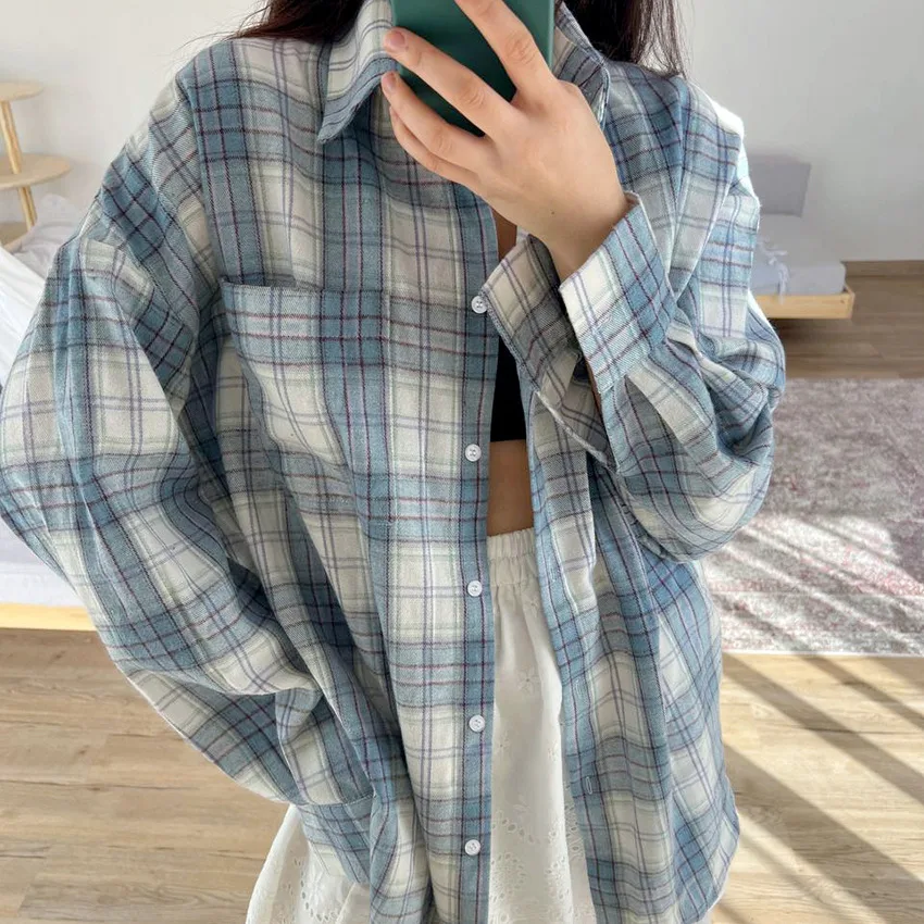 Women's Classic Lapel Long Sleeve Plaid Casual Loose Shirt Plaid - Shop at LoveMi