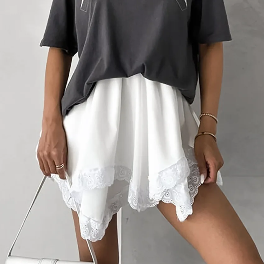 Women's Design Stitching Lace Double layer High Waist Chiffon Skirt White - Shop at LoveMi