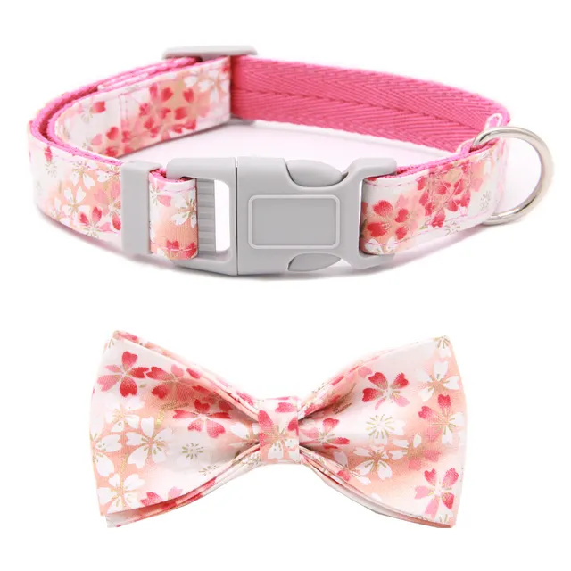 Dog Collar Adjustable Pet Collar Floral Bow Floral Fabric Ribbon Thickened Double Layer Collar Bow Tie Pink - Shop at LoveMi