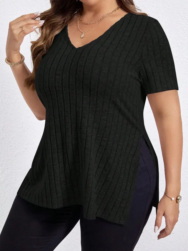 Solid Color Plus Size Top V neck Short Sleeve Split Sunken Stripe Black - Shop at LoveMi