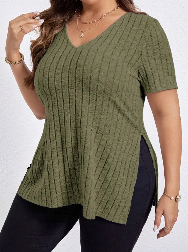 Solid Color Plus Size Top V neck Short Sleeve Split Sunken Stripe Green - Shop at LoveMi