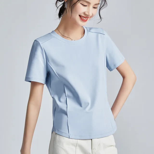 Shoulder T shirt Mercerized Cotton Round Neck Bottoming Shirt Ice Lake Blue - Shop at LoveMi