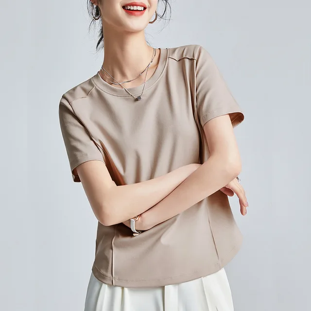 Shoulder T shirt Mercerized Cotton Round Neck Bottoming Shirt Oatmeal Color - Shop at LoveMi