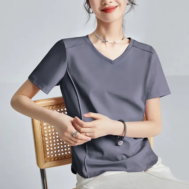 Shoulder T shirt Mercerized Cotton Round Neck Bottoming Shirt V High And Gray - Shop at LoveMi