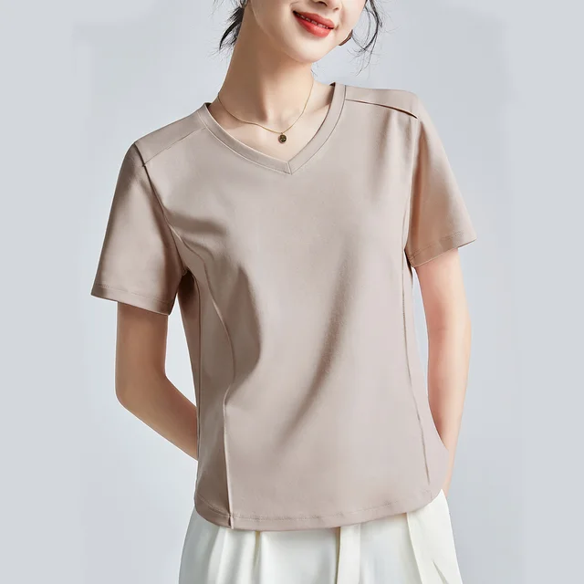 Shoulder T shirt Mercerized Cotton Round Neck Bottoming Shirt V Oatmeal Color - Shop at LoveMi