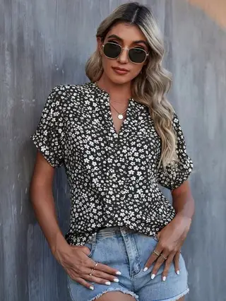 European And American Summer Floral Print Short Sleeve Shirt - Black