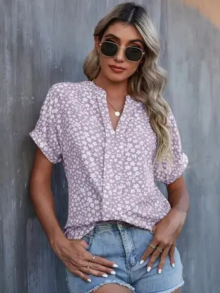 European And American Summer Floral Print Short Sleeve Shirt - Lilac Purple