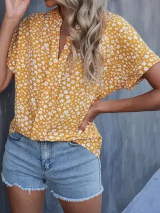 European And American Summer Floral Print Short Sleeve Shirt - Yellow