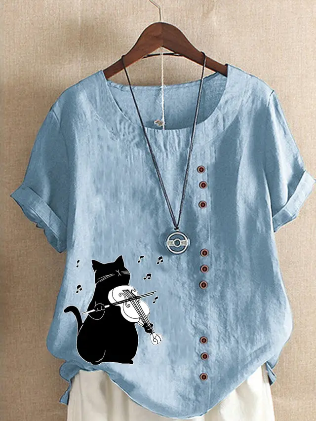 Summer Cotton And Linen Short Sleeve Top Cartoon Printed T shirt Blue - Shop at LoveMi